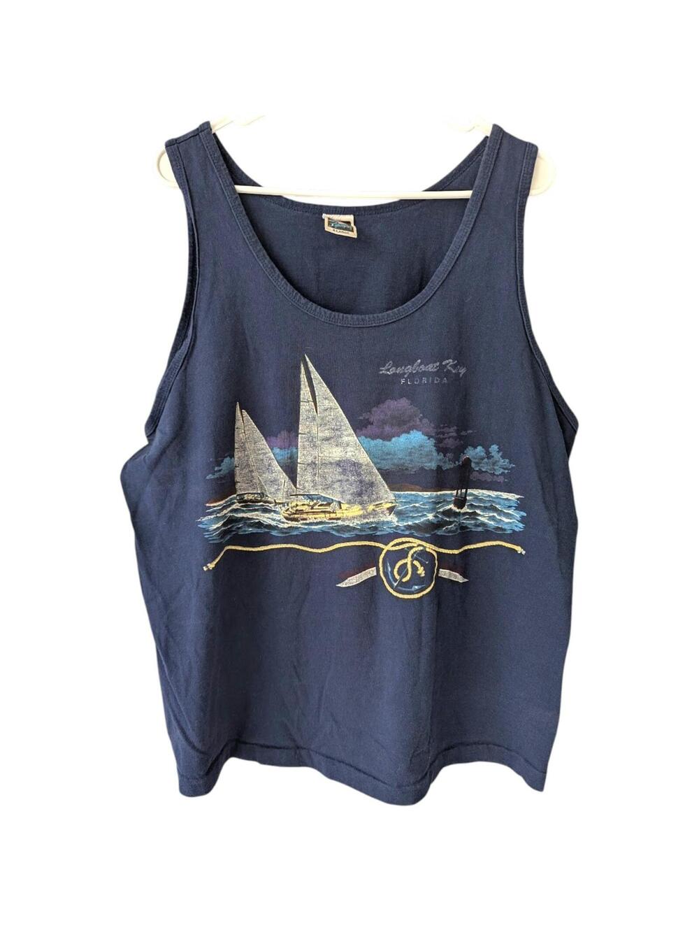 Vintage 90s Lifestyles Longboat Key Florida Tank XL Navy Sailboat Single Stitch